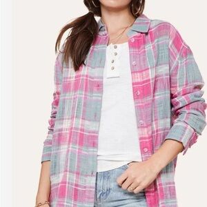 LA MIEL 100% Cotton Peony Plaid Long Sleeve Women’s Button Down Shirt, SZ M NWT